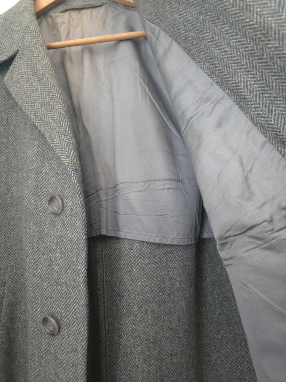 Vintage Sony Studios Wardrobe x STANLEY Gray Herringbone Wool Overcoat Sz 40 - Picture 4 of 11